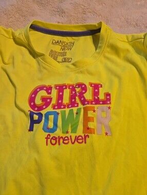 080726 Girl power forever Yellow Danskin Semi Fitted Shirt Medium kids Xl. Box 2